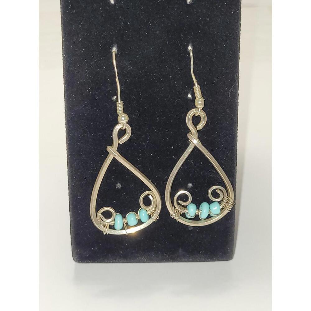 Handmade 925 Sterling Silver  Teardrop Earrings Natural Turquoise Beaded Accents